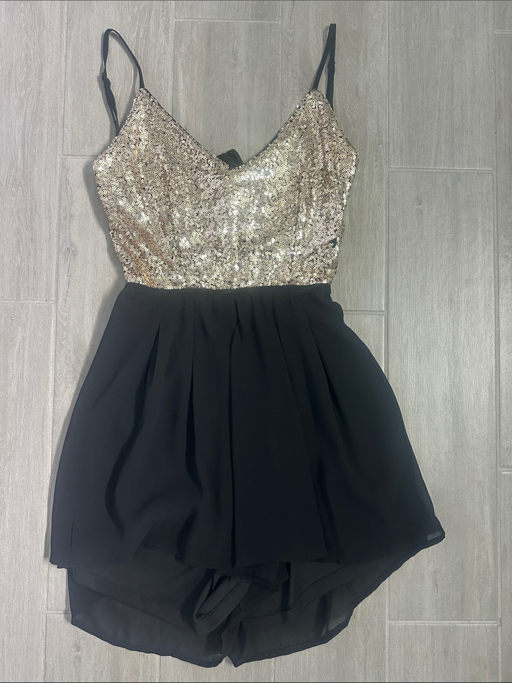 Windsor Gold Metallic Sequin Strappy Black Mini Party Romper